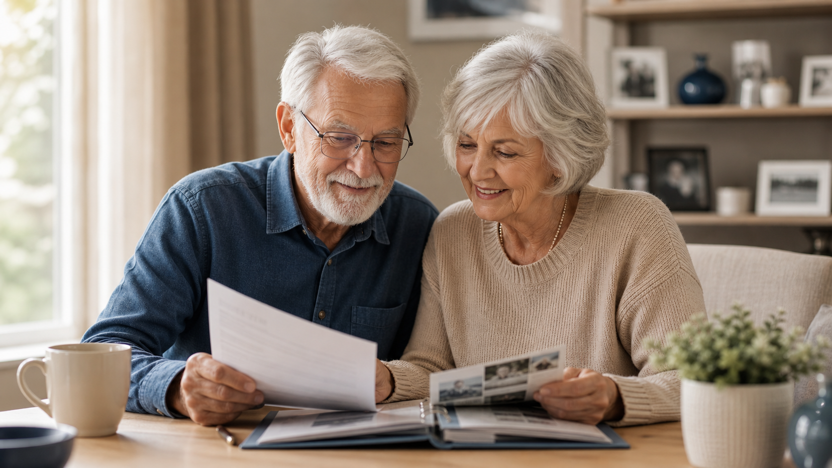Older couple reviewing life insurance planning documents at home