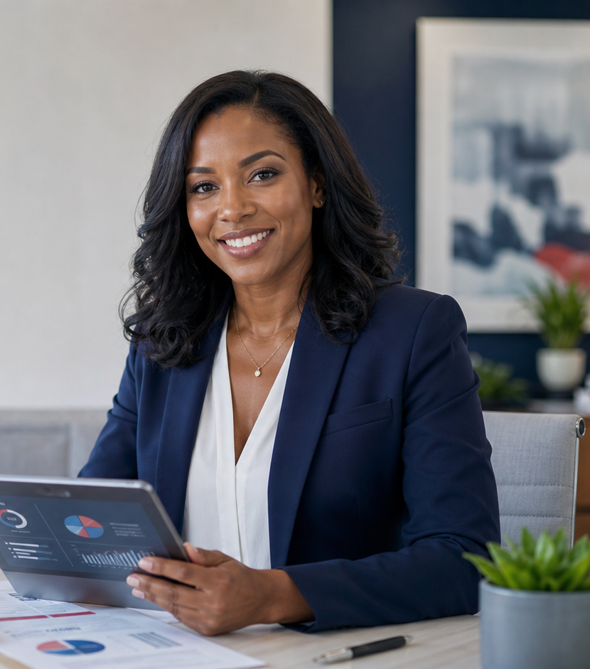 Black woman insurance agent holding a tablet and policy folder in a modern office